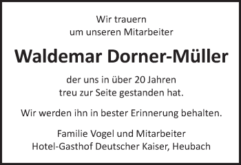 Traueranzeige von Waldemar Dorner-Müller von Gmünder Tagespost