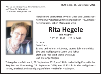 Traueranzeige von Rita Hegele von Schwäbische Post