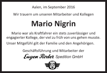 Traueranzeige von Mario Nigrin von Schwäbische Post