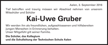 Traueranzeige von Kai-Uwe Gruber von Schwäbische Post