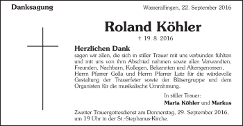Traueranzeige von Roland Köhler von Schwäbische Post