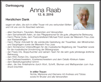 Traueranzeige von Anna Raab von Schwäbische Post