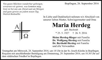 Traueranzeige von Maria Herdeg von Schwäbische Post
