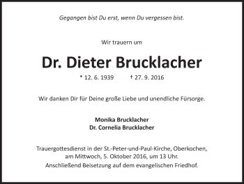 Traueranzeige von Dieter Brucklacher von Schwäbische Post