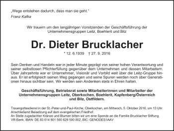 Traueranzeige von Dieter Brucklacher von Schwäbische Post