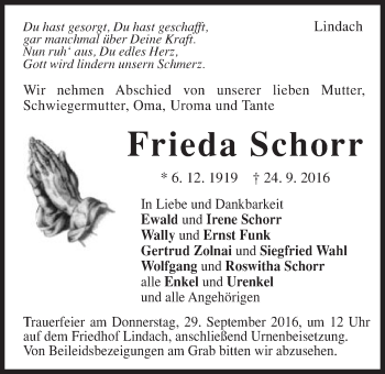 Traueranzeige von Frieda Schorr von Gmünder Tagespost