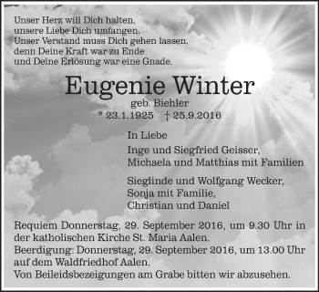 Traueranzeige von Eugenie Winter von Schwäbische Post