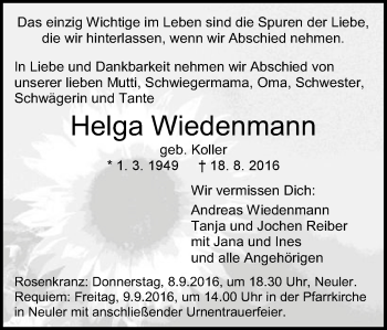 Traueranzeige von Helga Wiedenmann von Schwäbische Post