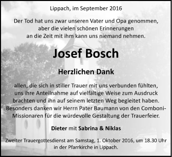 Traueranzeige von Josef Bosch von Schwäbische Post