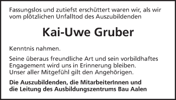 Traueranzeige von Kai-Uwe Gruber von Schwäbische Post