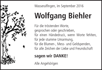 Traueranzeige von Wolfgang Biehler von Schwäbische Post