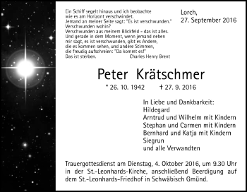 Traueranzeige von Peter Krätschmer von Gmünder Tagespost