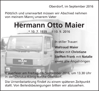 Traueranzeige von Hermann Otto Maier von Schwäbische Post