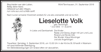 Traueranzeige von Lieselotte Volk von Schwäbische Post