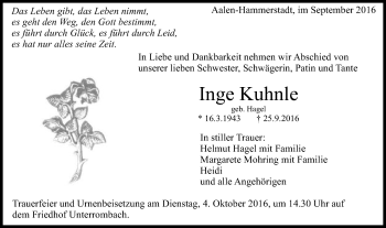 Traueranzeige von Inge Kuhnle von Schwäbische Post