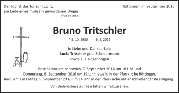 Traueranzeige von Bruno Tritschler von Schwäbische Post