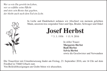 Traueranzeige von Josef Herbst von Gmünder Tagespost