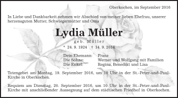 Traueranzeige von Lydia Müller von Schwäbische Post