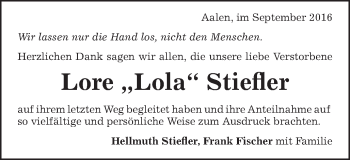 Traueranzeige von Lore Stiefler von Schwäbische Post