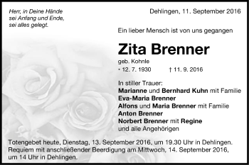 Traueranzeige von Zita Brenner von Schwäbische Post