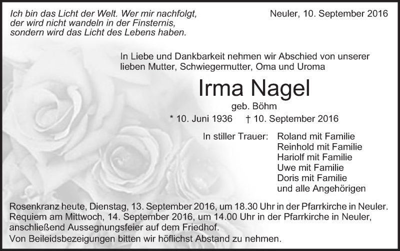 Traueranzeige für Irma Nagel vom 13.09.2016 aus Schwäbische Post