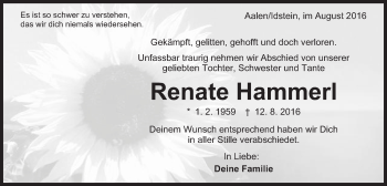 Traueranzeige von Renate Hammerl von Schwäbische Post