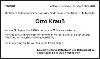 Traueranzeige von Otto Krauß von Schwäbische Post