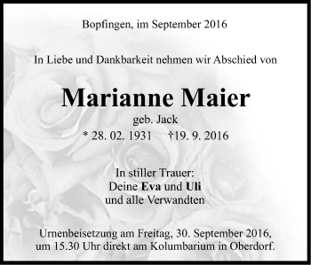 Traueranzeige von Marianne Maier von Schwäbische Post