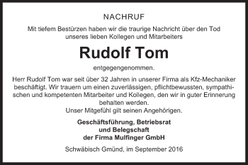 Traueranzeige von Rudolf Tom