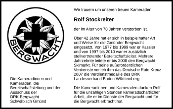 Traueranzeige von Rolf Stockreiter von Gmünder Tagespost