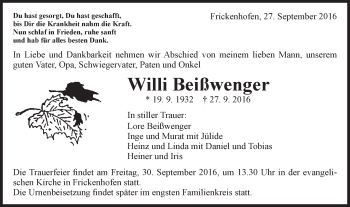 Traueranzeige von Willi Beißwenger von Gmünder Tagespost