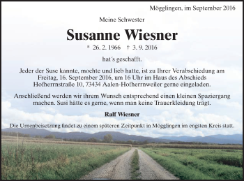 Traueranzeige von Susanne Wiesner von Schwäbische Post