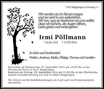 Traueranzeige von Irmi Pöllmann von Gmünder Tagespost