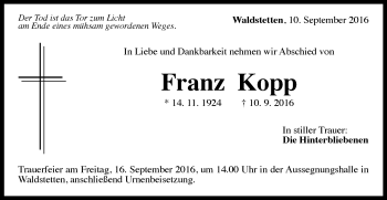 Traueranzeige von Franz Kopp von Gmünder Tagespost
