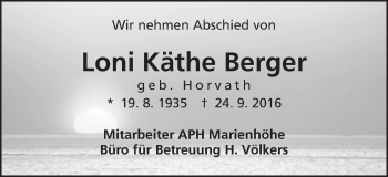 Traueranzeige von Loni Käthe Berger von Schwäbische Post