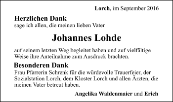 Traueranzeige von Johannes Lohde von Gmünder Tagespost