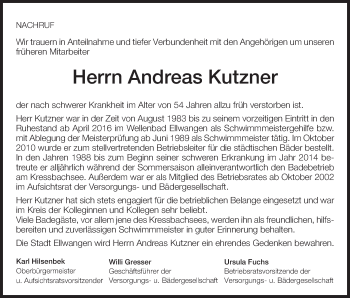 Traueranzeige von Andreas Kutzner von Schwäbische Post