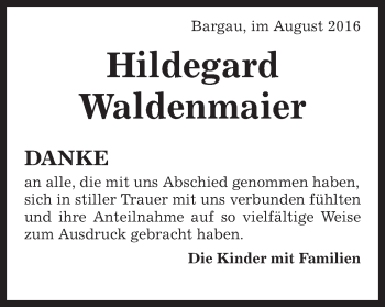 Traueranzeige von Hildegard Waldenmaier von Gmünder Tagespost