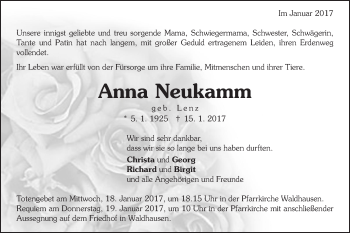 Traueranzeige von Anna Neukamm von Schwäbische Post