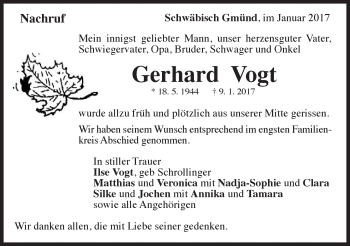 Traueranzeige von Gerhard Vogt von Gmünder Tagespost