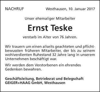 Traueranzeige von Ernst Teske von Schwäbische Post