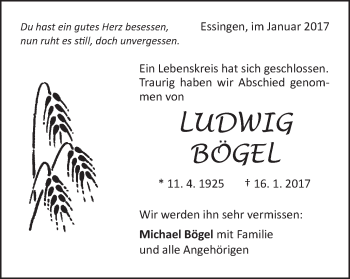 Traueranzeige von Ludwig Bögel von Schwäbische Post