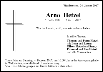 Traueranzeige von Arno Hetzel von Gmünder Tagespost