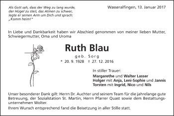 Traueranzeige von Ruth Blau von Schwäbische Post