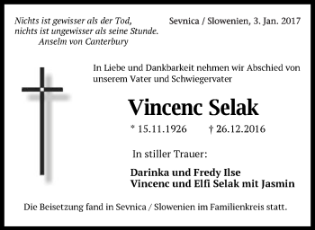 Traueranzeige von Vincenc Selak von Schwäbische Post