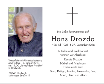 Traueranzeige von Hans Drozda von Gmünder Tagespost