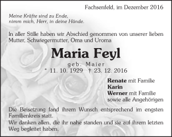 Traueranzeige von Maria Feyl von Schwäbische Post