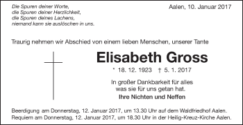 Traueranzeige von Elisabeth Gross von Schwäbische Post