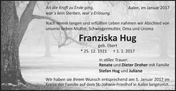 Traueranzeige von Franziska Hug von Schwäbische Post