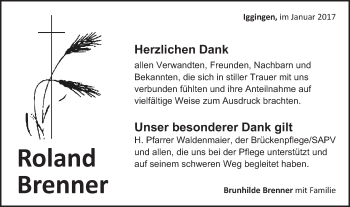 Traueranzeige von Roland Brenner von Gmünder Tagespost